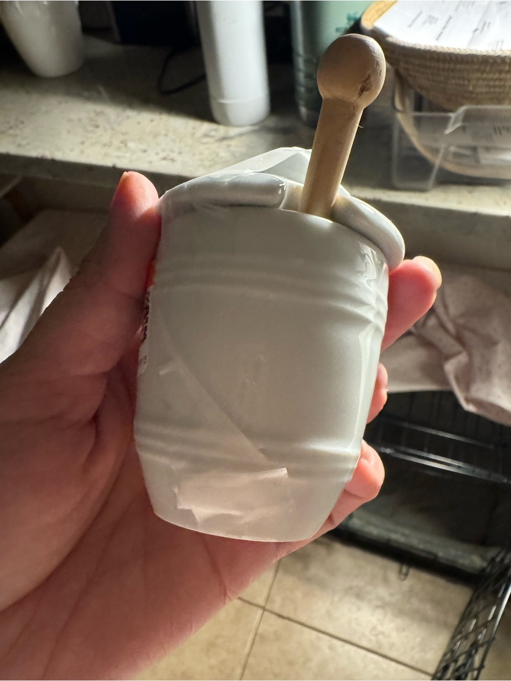 Apilco White Ceramic Honey Jar with Wooden Dipper